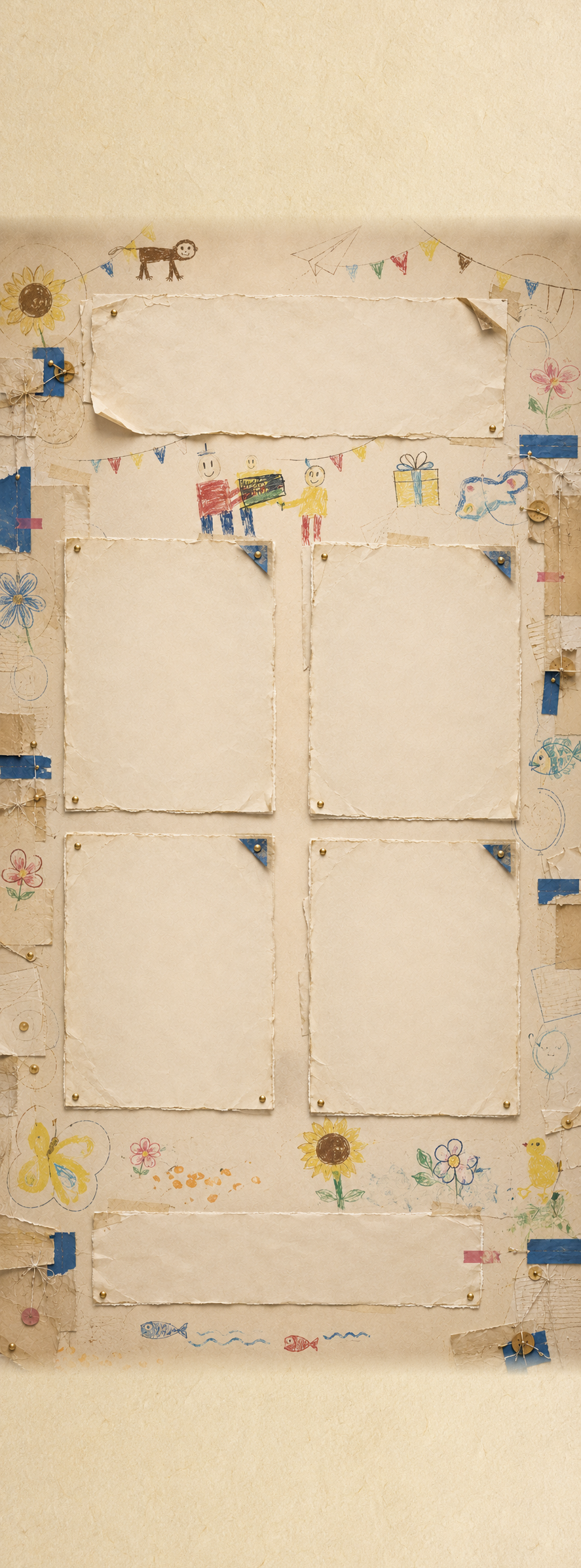 Een handgemaakte affichewand van papier met vier vastgespelde gebeurtenispapiertjes en opnieuw getekende kindertekeningen.