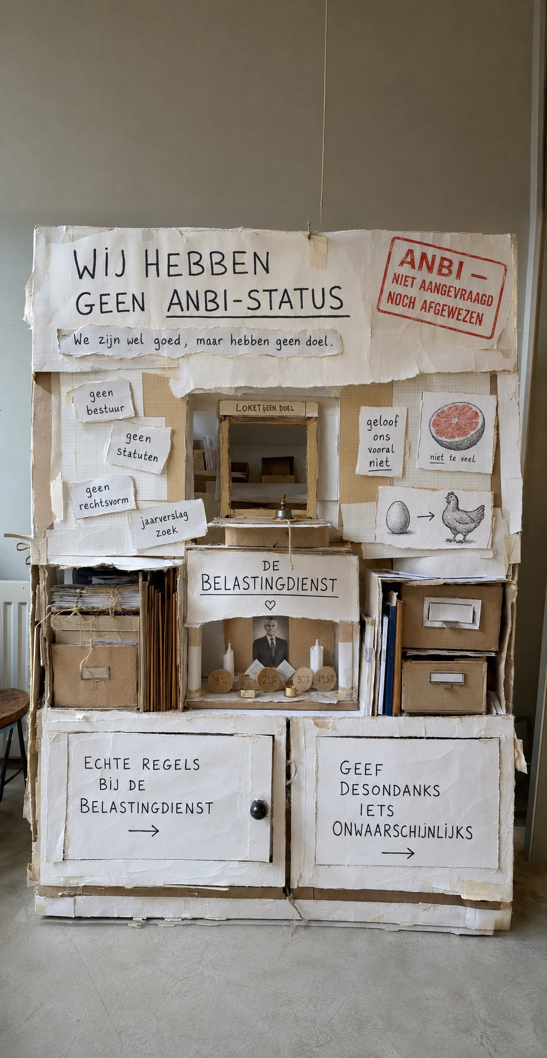 Een gefotografeerd kartonnen loket zonder doel, bestuur, statuten of ANBI-status, maar met een klein altaar voor de Belastingdienst.