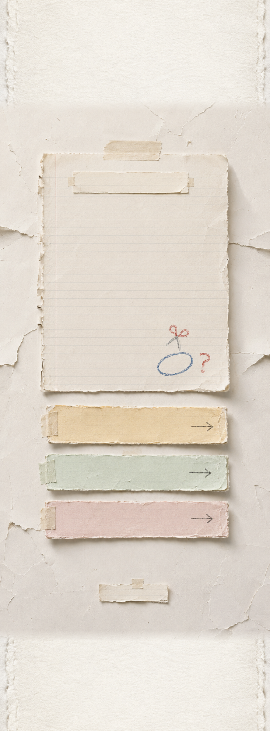 Een lange, handgemaakte papierpagina met een gelinieerd werkvel, een getekende schaar en drie gekleurde papierstroken.