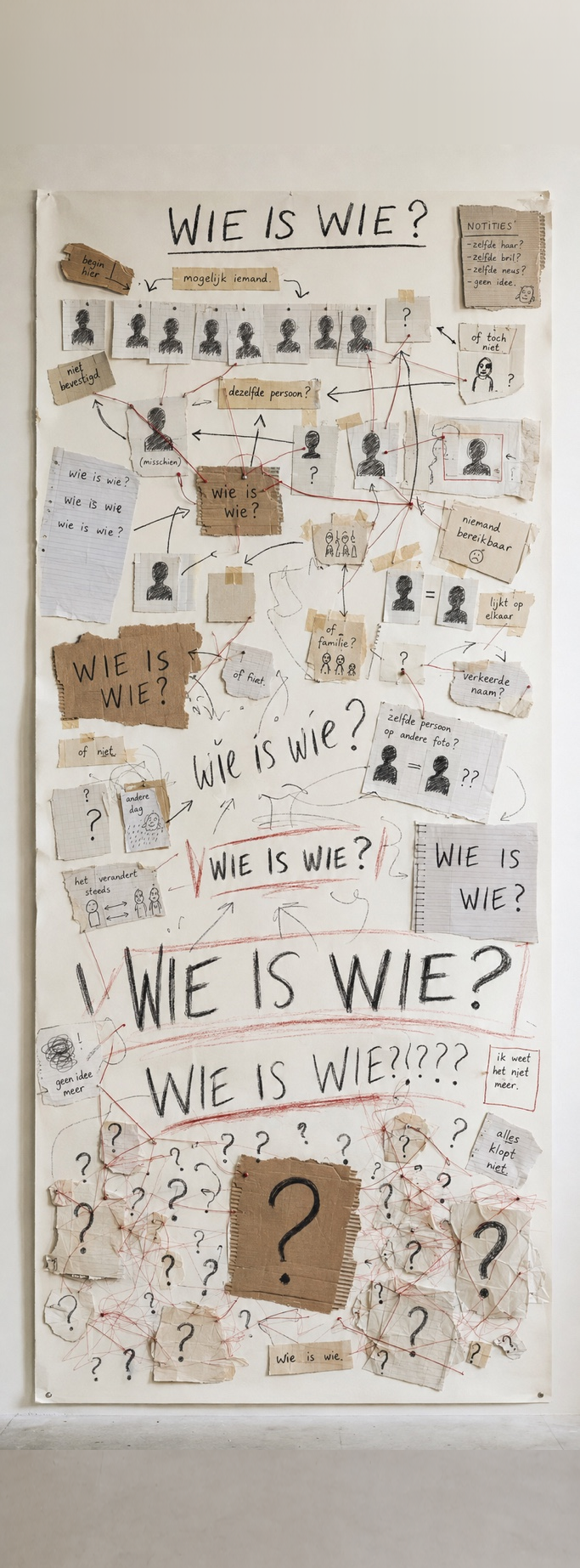 Een lang, gefotografeerd onderzoeksbord van papier, draad en steeds paniekeriger vragen: wie is wie?